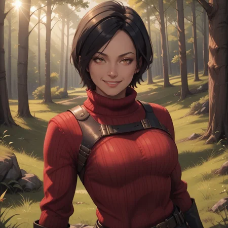 score_9, score_8, BREAK, solo, Ada, black hair, short hair, red sweater, pantyhose, black thigh boots, belt, sexy pose, self portrait, smile, outdoors, sunlight, shadows, evening lighting, natural lighting, forest, trees, grass, orange sky, sunset