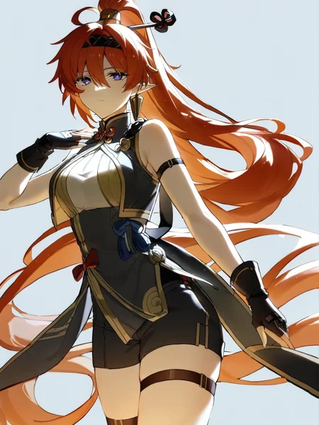 1girl,
yinlin \(wuthering waves\),
solo, black ribbon, fingerless gloves, ponytail, simple background, short shorts, hair ribbon, thighs, shorts, gloves, ribbon, long hair, bare shoulders, bare arms, black gloves, sleeveless, very long hair, blue eyes, looking at viewer, cowboy shot, white shirt, white background, black shorts, thigh strap, ahoge, sleeveless shirt, red hair, hair between eyes, shirt, standing,
masterpiece, best quality, safe
<lora:mki-ani3-yinlin-v1:1> <lora:mki-ani3-konya_karasue-v2:1>