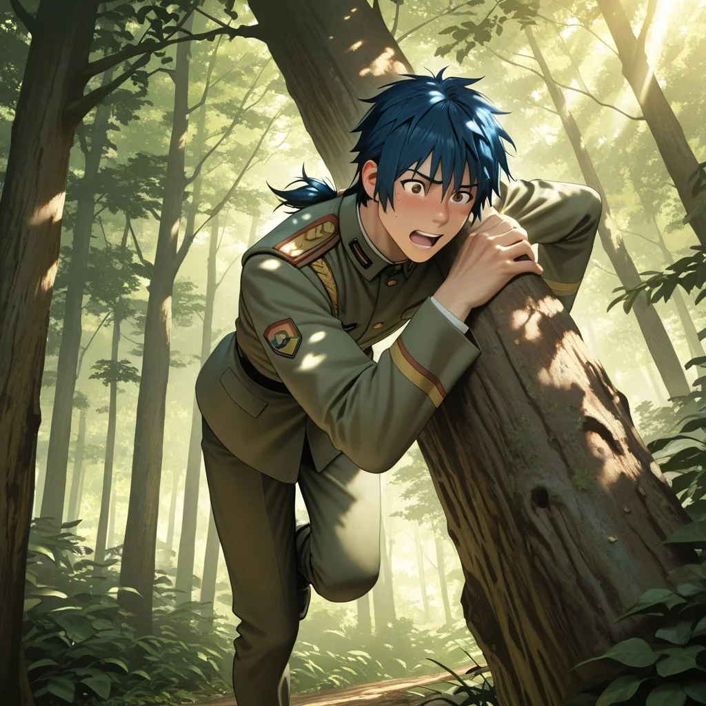 masterpiece, best quality, amazing quality, absurdres, newest, detailed background, definition so sharp, Ultra-HD, 8K cinematic, very awa, impressionate, amazing quality, highres,
solo, male focus, manly,
daikakukokujouji, 1boy, short hair, tied hair, low tied hair, lieutenant_pretime, lieutenant_blue hair, lieutenant_brown eyes, climbing, excited expression, but slipping, forest, sunlight, dappled light, energetic, adventurous, clumsy, charming, youthful