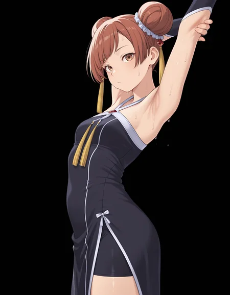 <lora:Laufen_1:1>1girl, solo,
lauf3n, hair bun, double bun, brown eyes, brown hair, swept bangs,
lauf3ndef, criss-cross halter, red gemstone, tassel hair ornament, bare shoulders, shorts under dress, black bike shorts, china dress, bridal gauntlets,
standing, upper body, arms up, from side, looking at viewer, armpits, sweat, stretching,
looking at viewer,
(solid black background:1.4), (simple background)
small breasts,, masterpiece, best quality, amazing quality