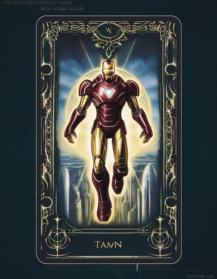A tarot card featuring Iron Man as the central figure. The card embodies the essence of strength and innovation, with Iron Man posed heroically, his suit gleaming with advanced technology. Behind him, a futuristic cityscape blends with mystical symbols, bridging the realms of modern science and ancient wisdom. The card's border is ornate, with intricate designs that hint at arcane knowledge. Iron Man's gaze is confident and forward-looking, symbolizing a journey of self-discovery and the harnessing of one's inner power. <lora:edrtcard:0.75>