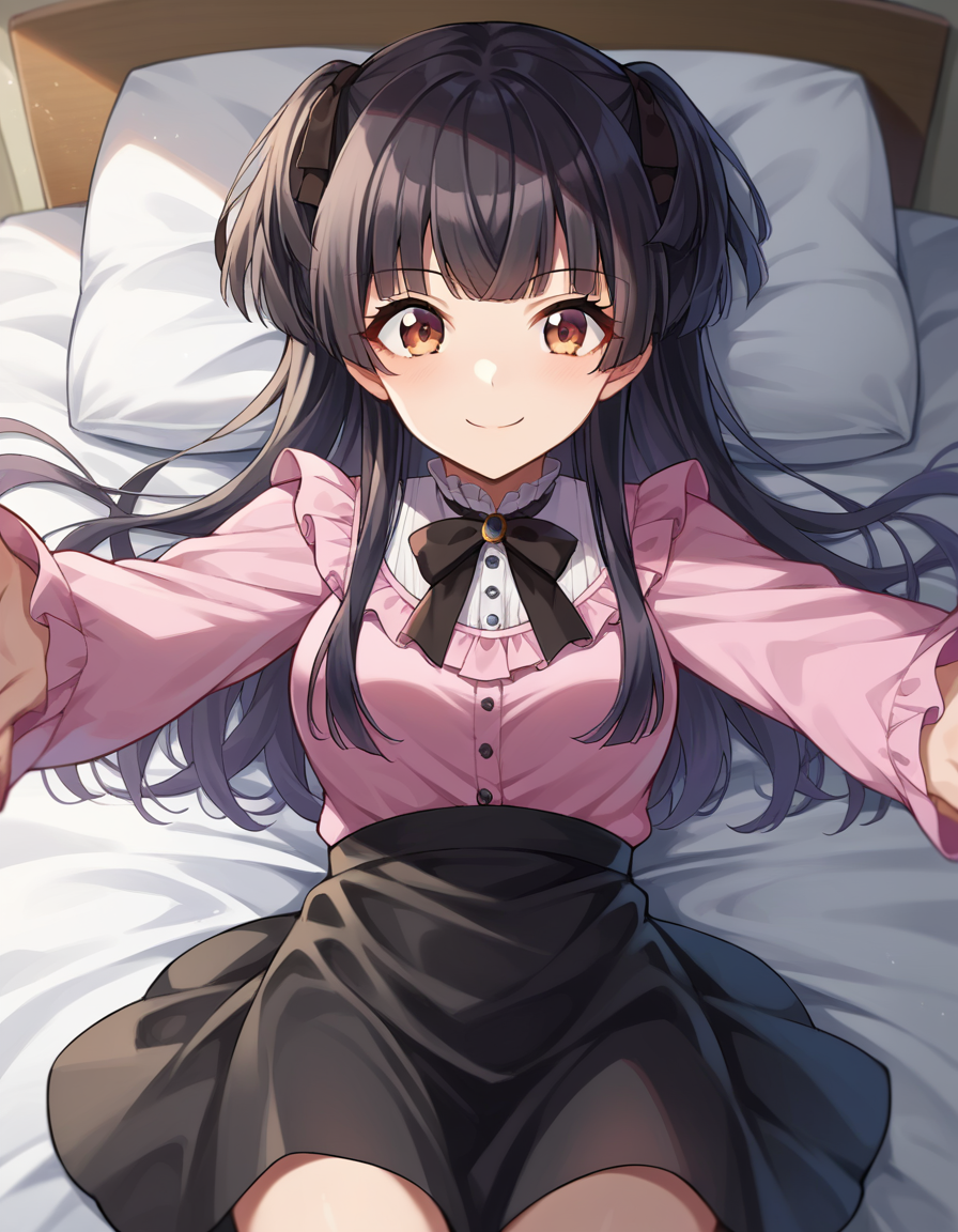 score_9, score_8_up, score_7_up, source_anime,
fuyukomayuzumi, <lora:fuyuko-mayuzumi-ponyxl-lora-nochekaiser:1>,
fuyuko mayuzumi, black hair, brown eyes, long hair, two side up, smile,
black bow, black bowtie, black ribbon, black skirt, bow, bowtie, frilled shirt, frills, jirai kei, long sleeves, neck ribbon, pink shirt, ribbon, shirt, skirt, white shirt,
indoors, bed, bed room, on back, arm support, arms up, incoming hug, pov, reaching, reaching towards viewer,
looking at viewer, dutch angle, cowboy shot,