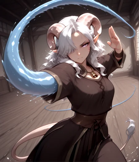 masterpiece,  best quality,   waterwhip:1.2,  solo,  <lora:water_whip_magic2:1>    water tentacles,  kung fu,  dojo, cowboy shot,   water tentacle from arm ,  whipping,, masterpiece, best quality,  tiefling, pointy ears, tiefling, silver hair, ivory sheep horn,
<lora:Tiefling_bard_Diana_v2:0.9> red whisker_markings, silver long wavy hair, bell necklace, short pointy ears, purple eyes, tiefling_bard_diana:1.2,   hair over one eye, braid,  
cow tail:1.4,