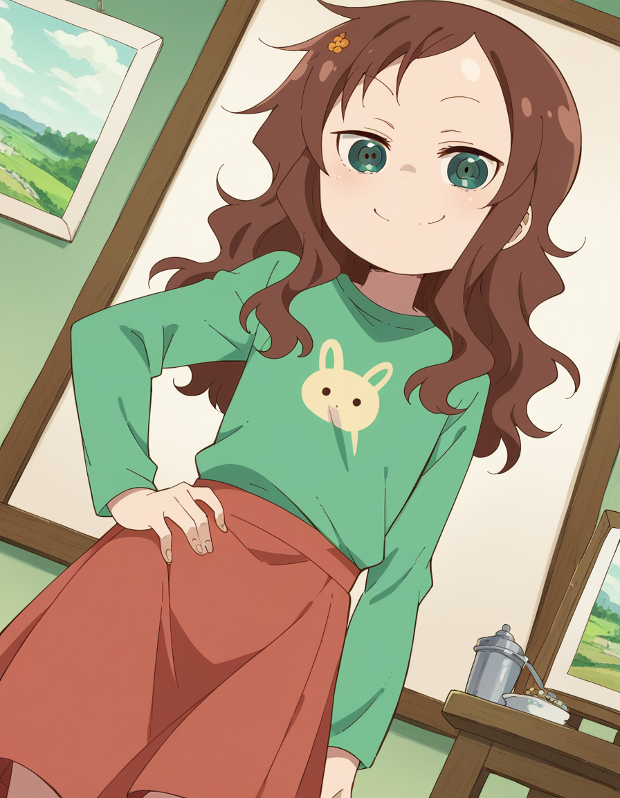 score_9, score_8_up, score_7_up, source_anime, <lora:riko-saikawa-s2-ponyxl-lora-nochekaiser:1>, riko saikawa, long hair, brown hair, green eyes, hair flower, hair ornament, flower,, skirt, shirt, long sleeves, red skirt, white socks, green shirt,, museum, art exhibit, paintings, observing, quiet contemplation, cultural experience, smile, looking at viewer, smug, hand on hips,, solo,, dutch angle,
