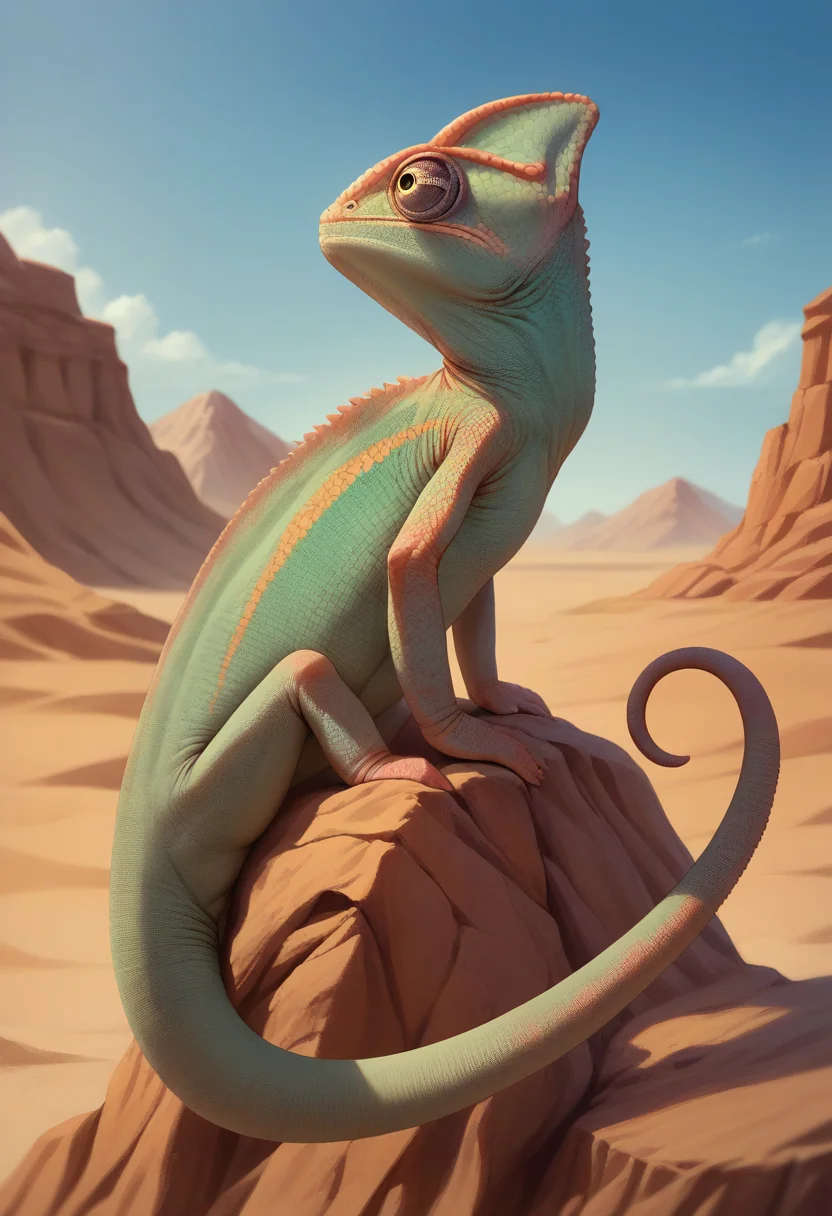 score_9, score_8_up, score_7_up, source_anime, Chameleon, lizard, back spikes, feral, scales, outdoors, yellow chameleon, desert, <lora:ChamChameleonPonyXL:1.0>