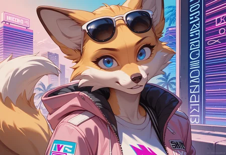 (score_9, score_8_up, score_7_up), anthro, female, fox, black sunglasses, upper body, pink suit jacket, solo, high resolution, (synthwave), vice city, light, high_quality, tails, yellow skin, blue eyes, 2 tails