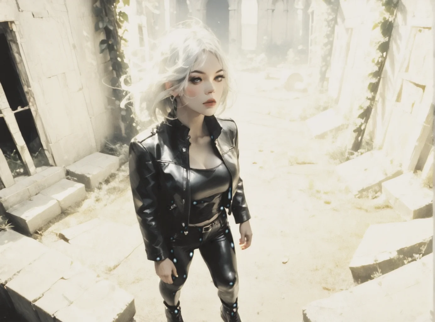 score_9, score_8_up, score_7_up, Fighting scene, shot from above, looking up against all odds, woman, pale skin, large breasts, <lora:sm0k3XLP:1>, <lora:goth_clothes:1>, Black leather jacket, black leather pants, black riding boots, white highlights, Shoulder length hair, unnatural haircolor, <lora:Our_Muted_Future_Style:1>, <lora:0777 no one world_v1_pony:1> ruanyi0777, moss, vines, overgrown, tree, ruins,
