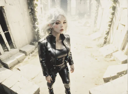 score_9, score_8_up, score_7_up, Fighting scene, shot from above, looking up against all odds, woman, pale skin, large breasts, <lora:sm0k3XLP:1>, <lora:goth_clothes:1>, Black leather jacket, black leather pants, black riding boots, white highlights, Shoulder length hair, unnatural haircolor, <lora:Our_Muted_Future_Style:1>, <lora:0777 no one world_v1_pony:1> ruanyi0777, moss, vines, overgrown, tree, ruins,