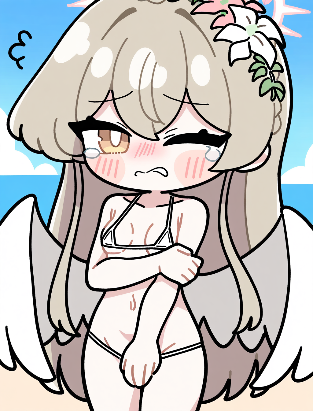 1girl, nagisa \(blue archive\), chibi, chibi, solo, shy, from front, looking at viewer, blush, very shy, covering own breasts, confused, aroused, tearing up, angry, wince, romantic, nsfw, small breasts, micro bikini, beach, outdoors, cowboy shot, best quality, covering crotch, amazing quality, best finished, <lora:NAImiyao:1>