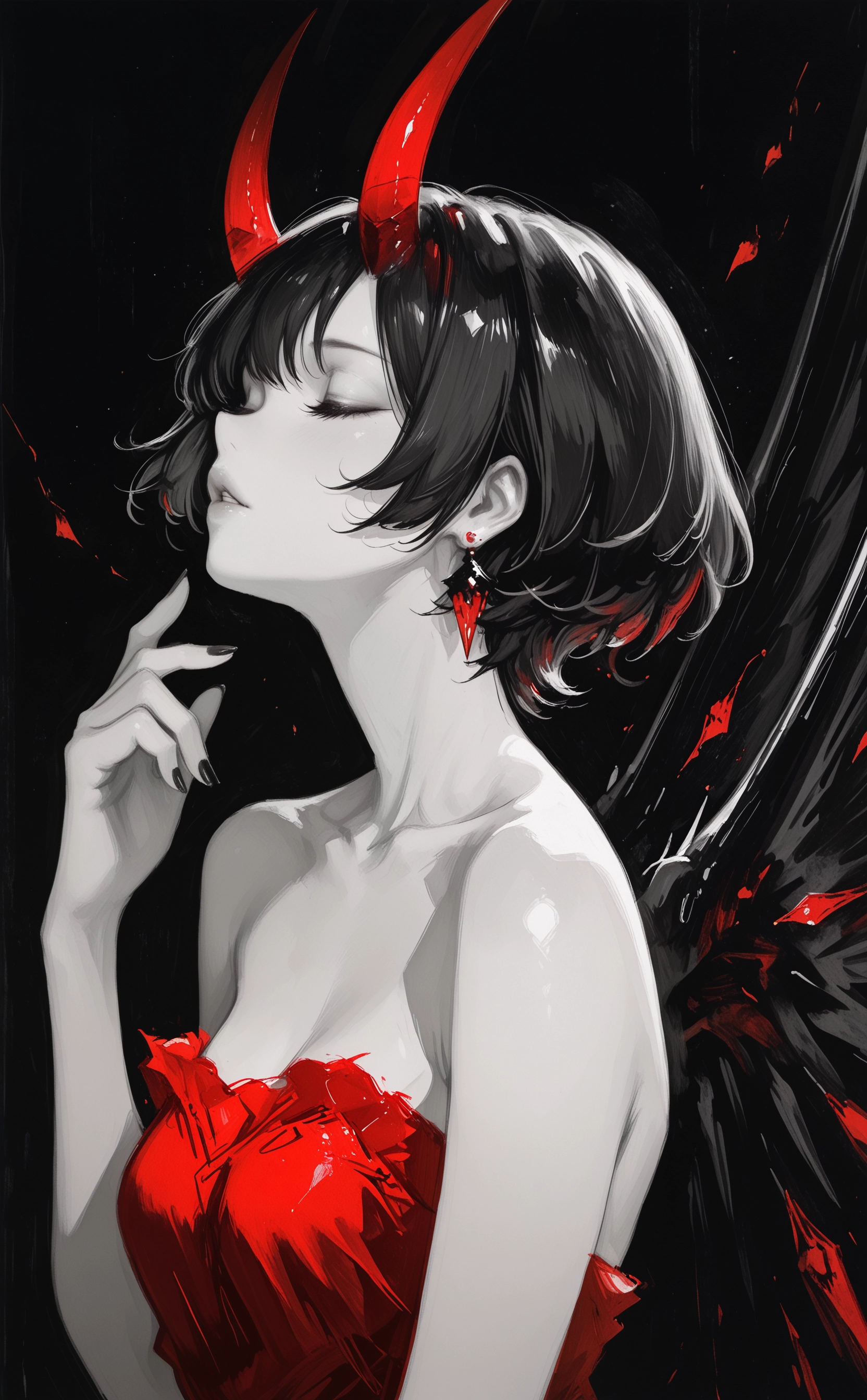 masterpiece, best quality, amazing quality, 1girl, solo, short hair, dress, bare shoulders, collarbone, upper body, closed eyes, earrings, parted lips, horns, wings, hand up, nail polish, eyelashes, lips, strapless, red dress, black nails, strapless dress, traditional media, monochrome, painting \(medium\), watercolor \(medium\), graphite \(medium\), fuyumur4s4ki_illu <lora:noobai_ep11_stabilizer_v0.138_fp16:0.3> <lora:ppw_v7_noobEv1.1:0.8> <lora:fuyumur4s4ki_style:0.7>