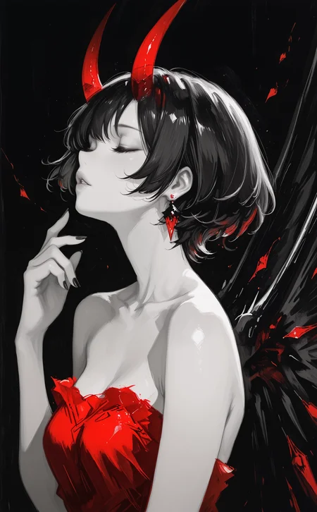 masterpiece, best quality, amazing quality, 1girl, solo, short hair, dress, bare shoulders, collarbone, upper body, closed eyes, earrings, parted lips, horns, wings, hand up, nail polish, eyelashes, lips, strapless, red dress, black nails, strapless dress, traditional media, monochrome, painting \(medium\), watercolor \(medium\), graphite \(medium\), fuyumur4s4ki_illu <lora:noobai_ep11_stabilizer_v0.138_fp16:0.3> <lora:ppw_v7_noobEv1.1:0.8> <lora:fuyumur4s4ki_style:0.7>