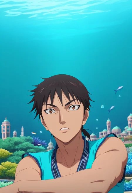 masterpiece, best quality, intricate details, anime screencap, anime coloring, , , , 1boy, solo, male focus, <lora:xin_kingdom_ilxl:1>, xin_kingdom, black hair, brown eyes, short hair, low ponytail, , , coral palace, shell towers, bubble gardens, fish courts, swimming pose, graceful expression, aqua lighting,