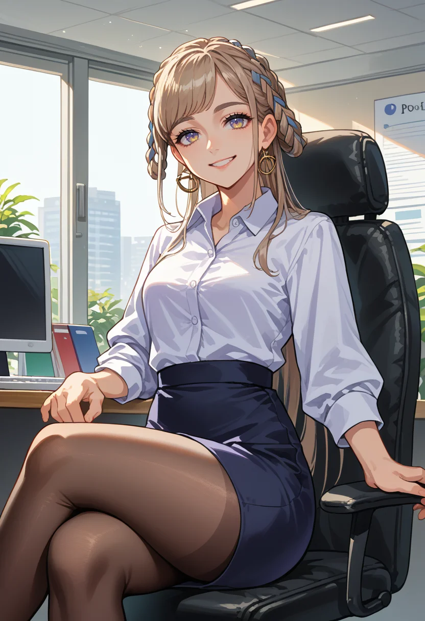 score_9, score_8_up, source_anime, 1girl, solo, PopeJoan, long hair, braided hair rings, indoors, office lady, office chair, sitting, crossed legs, miniskirt, black pantyhose, dress shirt, smile, <lora:ChamPopeJoanPonyXL:1>