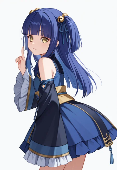 Smooth Quality,masterpiece,very intricate, high quality details, ultra realistic, high detailed skin,detailed enviorement,absurdres,
pointing up,
 <lora:Ranran_CNR:0.8>
ranran_cnr,1girl, blue hair, long hair, two side up, blunt bangs, yellow eyes, fangs, hair ornament, hair bell,hair ribbon, hair bobbles,
ranran_cnr_def, bare shoulders,chinese clothes, blue dress,detached sleeves, wide sleeves, long sleeves, sleeves past wrists, frilled sleeves, sash,black footwear,, simple background, white background, from side,solo,, afterglow,