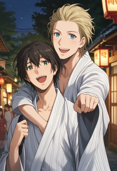 score_9, score_8_up, score_7_up, source_anime, rating_safe, night, pointing, AlexDG, blonde_Alex_hair slicked back, blue_Alex_eyes, yukata, NatsuoDG, black_Natsuo_male hair, [[green_Natsuo_eyes]], gay couple focus, 1boy, 1androgynous, Japanese clothes, best friends, wide smile, open mouth, blurry outdoor festival, lanterns, sweet-cute wallpaper, happy-cheery, realistic shading,