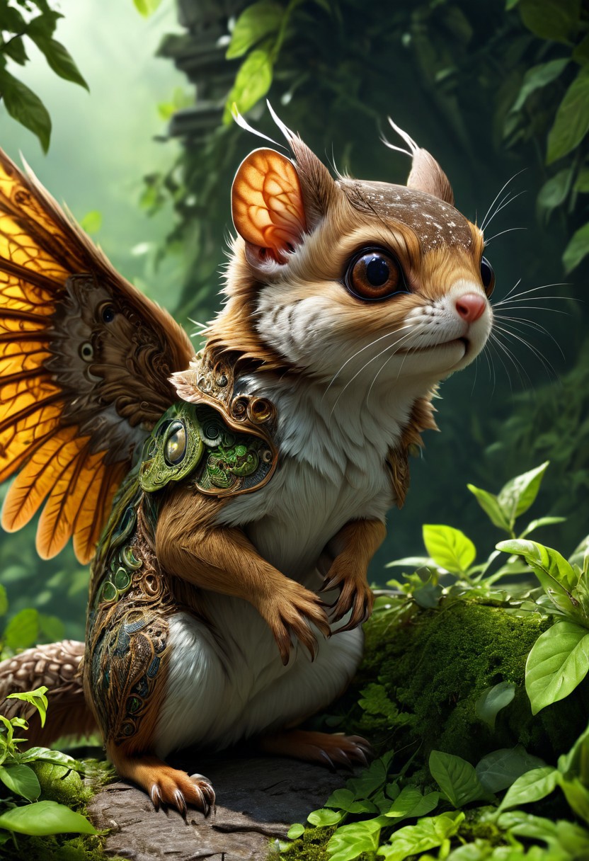 (masterpiece, best quality, stunning, extraordinary, photorealistic, hybrid creature, flying squirrel, centipede, (dramatic lighting, intricate sharp details, overgrown background, volumetric lighting, close-up view, (fantasy, surreal, dramatic, (incredibly detailed wings, intricate patterns, detailed eyes)))), trending on ArtStation, trending on Instagram