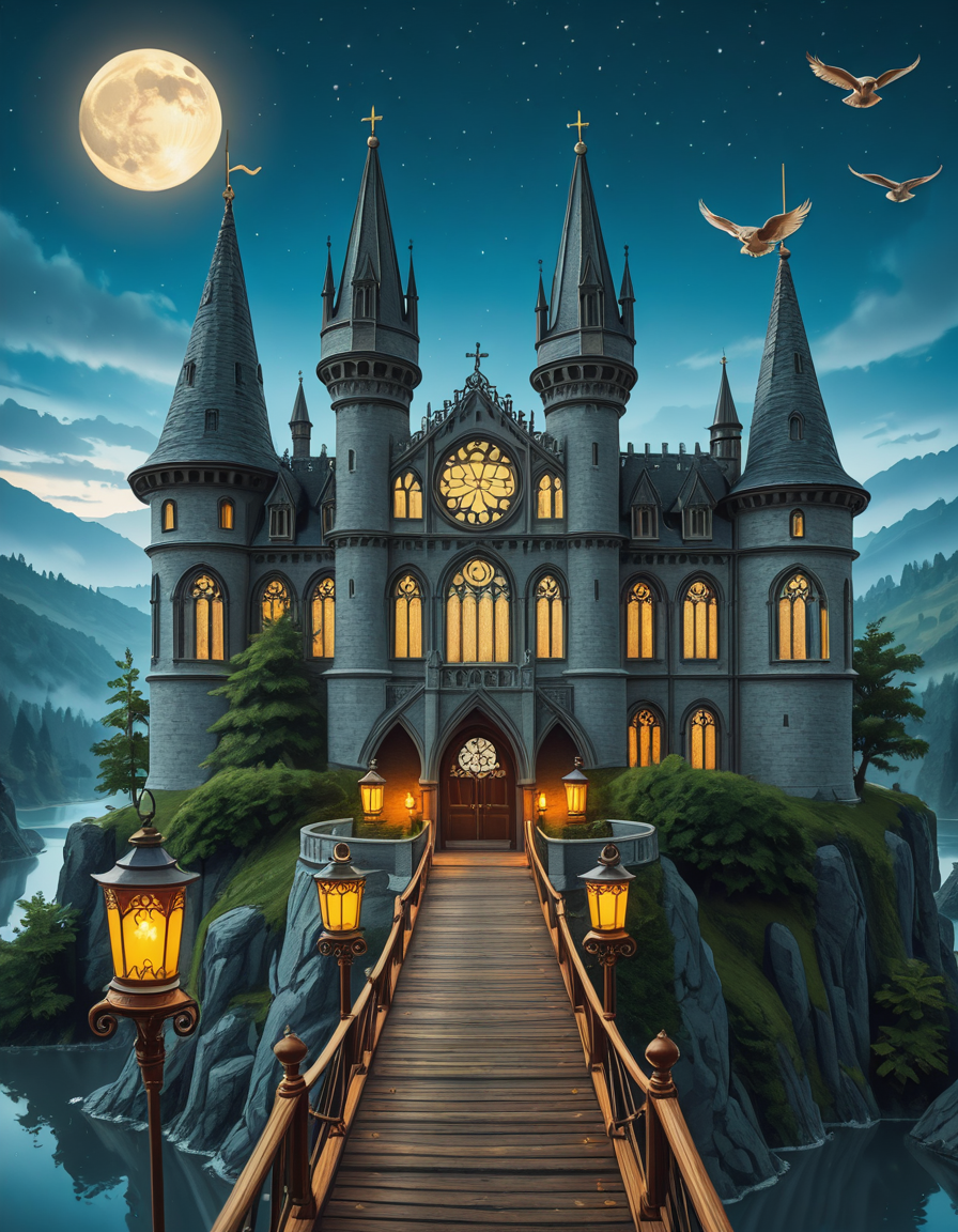 A majestic, ancient castle perched on a rocky hill, serving as a prestigious school for young wizards. The castle is a grand structure with towering spires, intricate gothic architecture, and large stained-glass windows that glow with magical energy. The stone walls are covered in ivy, and enchanted lanterns float around the entrance, casting a soft, mystical glow. A massive wooden bridge leads to the main gate, suspended over a misty, enchanted lake that reflects the moonlight. In the background, rolling green hills and dense, fog-covered forests surround the school, adding an air of mystery. The sky is a deep twilight blue, with stars twinkling and a full moon shining brightly. Some windows in the castle emit warm, golden light, hinting at classrooms filled with spellbooks and students practicing magic. A few owls are seen soaring above, delivering messages. The atmosphere is magical, mysterious, and full of wonder, as if the castle itself is alive with enchantments.
<lora:SDXLFaeTastic2400:0.4> <lora:extremely_detailed:0.4> extremely detailed,ancient c4stl3, <lora:ancient_c4stl3-i:1>, Masterpiece,best quality,hi res,8k,hi res,8k,award winning,(sharp focus, intricate, highly detailed),