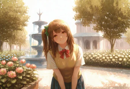 masterpiece, best quality, amazing quality,
1girl, (aged up:1.2), leaning forward, cute, smile, looking at viewer, head tilt happy, excited,dappled sunlight,sun light,tree shadow, lovelive_kotori,yellow sweater vest, short sleeves, blue plaid skirt, red bowtie, breasts, grayish brown hair, green hair bow, bangs, one side up, long hair, amber eyes, cute girl
BREAK
detailed background, street, daylight, day, sunlight, dappled lighting, realistic shadow, sketchy strokes, potted plant, flowers, garden, fountain, water splashes, depth of field,usnr,rainbow, cinematic shot