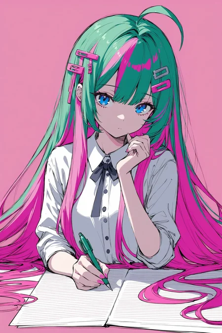 1girl, solo, ahoge, blue eyes, expressionless, green hair, hair ornament, hairclip, long hair, multicolored hair, pen, pink hair, pink theme, sketch, two-tone hair, very long hair, masterpiece, best quality