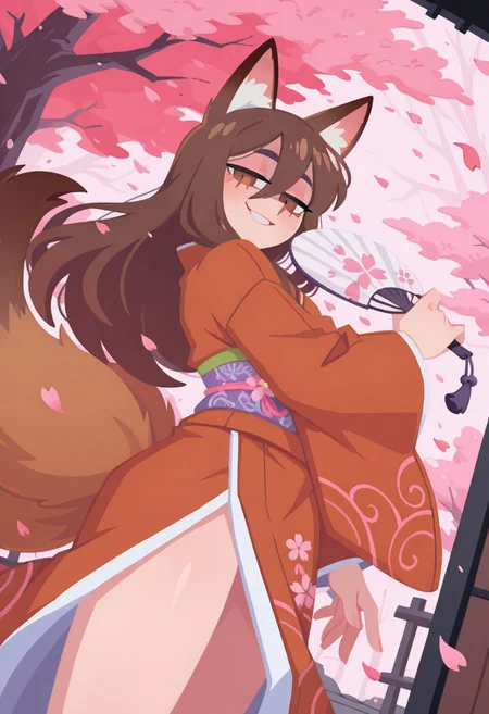 uncensored, highest quality, masterpiece, intricate details, highly detailed, drapped kimono, embroided kimono, japanese fan, dutch angle, cowboy shot, dynamic shot, dynamic pose, 1 boy, solo, brown fox ears, long hair, long bangs, brown hair, fox tail, nine tails, masculine eyes, masculine face:0.8, average physique, tall, yandere, smirk, chiaroscuro, very awa, t4kar4i_illu, no_outlines,no lineart, vanripper:0.2, cherry blossom, petals, pink atmosphere, foreshortening:0.2,