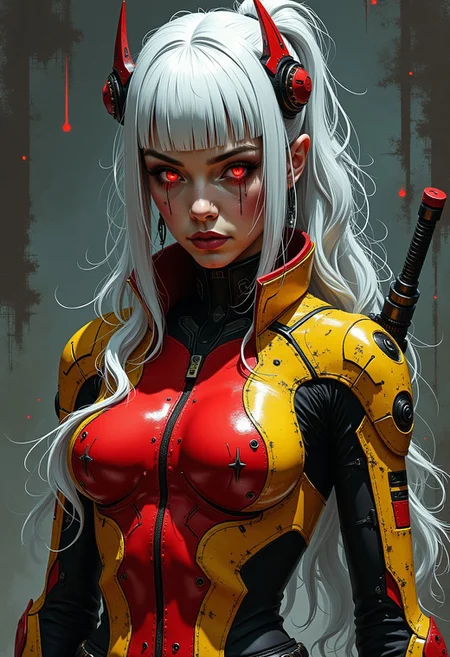 d4rkc0mic, a cybernetic japanese female warrior, platinum hair, bangs, hair clip, red and yellow bodysuit, chiascuro, red glowing eyes, abstract dark cyberpunk background