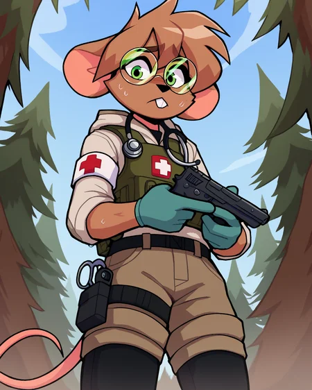 score_9_up, score_8_up, score_7_up, score_6_up, by remanedur, furry female, mouse, green eyes, body armor, round glasses, stethoscope, brown hair, armband, tail, brown fur, black thigh highs, combat boots, buckteeth, gloves, medic, cargo shorts, hoodie, uniform, short hair, nervous, head tilt, sweat, solo, holding gun, handgun, low-angle view, three-quarter view, forest, <lora:Leah_Pines(AIM)_XL_v1:0.15> <lora:PDXL_artist_tags_v2_big:0.5> <lora:The-Minuscule-Task_PDXL_v1.0:0.6> <lora:Diana_Engel_v2_WirelessShiba:0.65>