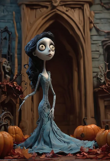 (Design: Tim Burton. Artwork based on concept art full body design of theme (Tim Burton's Corpse Bride) Oblique angle shot, Anatomy, Trending on ArtStation, Trending on CGSociety, Exquisite, High resolution, Sharp focus, Dramatic, Photorealistic painting art by Midjourney and Greg Rutkowski, LegendDarkFantas,<lora:EMS-384162-EMS:0.800000>