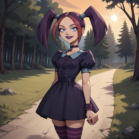 score_9, score_8, BREAK, solo, dark purple hair, twintails, blue eyes, purple lips, lipstick, dark purple dress, short dress, striped socks, knee highs, sneakers, choker, breasts, total drama, Scary_Girl_(Total_Drama), wristbands, sexy pose, self portrait, smile, outdoors, sunlight, shadows, evening lighting, natural lighting, forest, trees, grass, orange sky, sunset