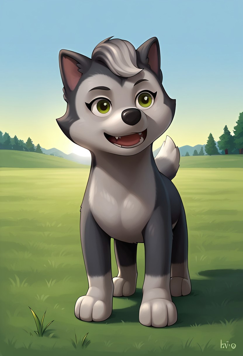 BREAK score_9, score_8_up, score_7_up, source_anime, front view, 1girl, solo, Gasket_PP, feral, dog, alaskan malamute, two tone fur, gray-white, grey tuft, green eyes, fluffy tail, grass, detailed background, day, sun, blue sky, (dynamic pose:1.5), (creativity:1.5),