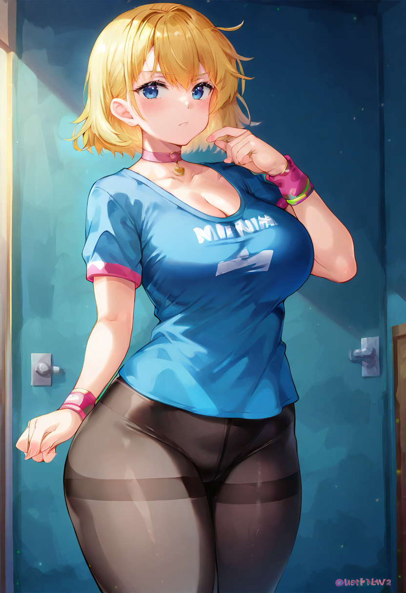 score_9, score_7_up,  1girl, 
huge breasts, wide hips, thick thighs, solo, shirt, taut shirt, t-shirt, hand up, blue eyes, short hair, blonde hair, w, thighs, hand on own hip, pink wristband, pink choker, wristband, pantyhose, choker, short sleeves, cowboy shot, black pantyhose, skindentation, blush, light frown, dot nose, cleavage, taut clothes, closed mouth, looking at viewer, breasts, standing
 <lora:fujima_takuya-Style-PonyXL-GLoRA-000045:1>