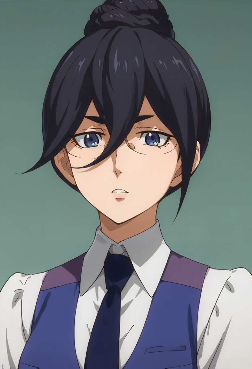 score_9,score_8_up,score_7_up,anime coloring BREAK source_anime,anime,<lora:Fumitan_Admoss_ORPHANS_Pony:0.8>,fumitan,1girl,solo,blue eyes,black hair,single hair bun,hair between eyes,glasses,collared shirt,blue vest,necktie,multicolored background,portrait,upper body,looking at viewer,