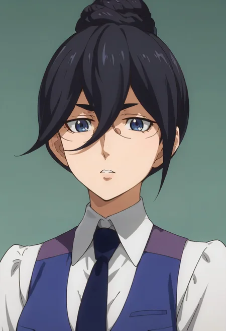 score_9,score_8_up,score_7_up,anime coloring BREAK source_anime,anime,<lora:Fumitan_Admoss_ORPHANS_Pony:0.8>,fumitan,1girl,solo,blue eyes,black hair,single hair bun,hair between eyes,glasses,collared shirt,blue vest,necktie,multicolored background,portrait,upper body,looking at viewer,