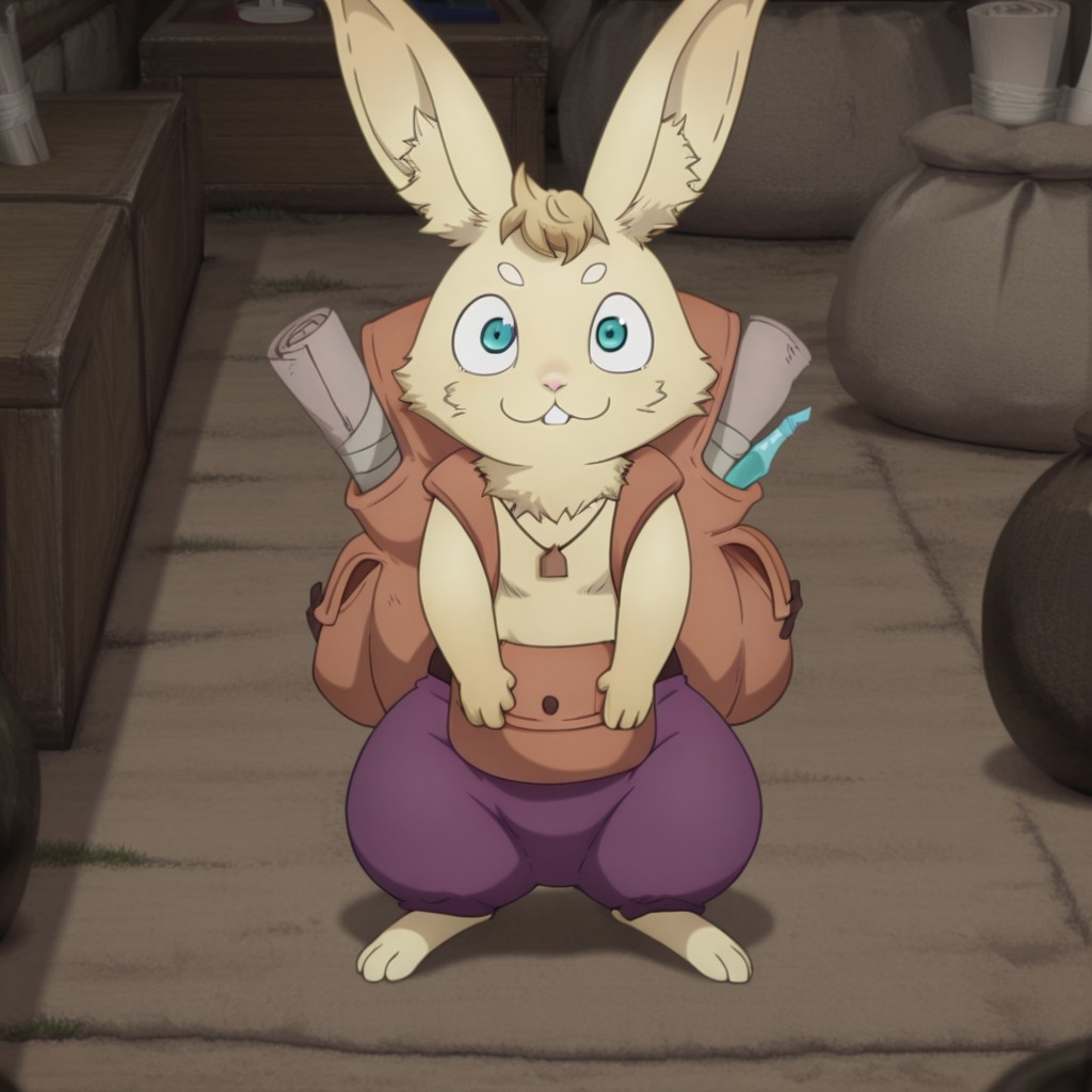 masterpiece, best quality, amazing quality, PeatzslfIL, semi-anthro, male, rabbit, cream blonde fur, turquoise eyes,  necklace, loose purple pants, standing , in a forest, solo