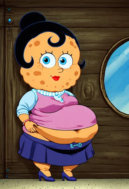 sp0nge_m0m,
1girl,
blue eyes,
solo,
black hair,
high heels,
jewelry,
shirt, Skirt,
(portrait, head tilt, looking at viewer), (fat:1.5), exposed navel