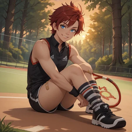 score_9, score_8, BREAK, solo, red hair, blue eyes, black sleeveless shirt, black short shorts, striped socks, black shoes, band aid on left leg, Carol_(Hot_Shots_Tennis), cute, sexy pose, self portrait, smile, outdoors, sunlight, shadows, evening lighting, natural lighting, forest, trees, grass, orange sky, sunset