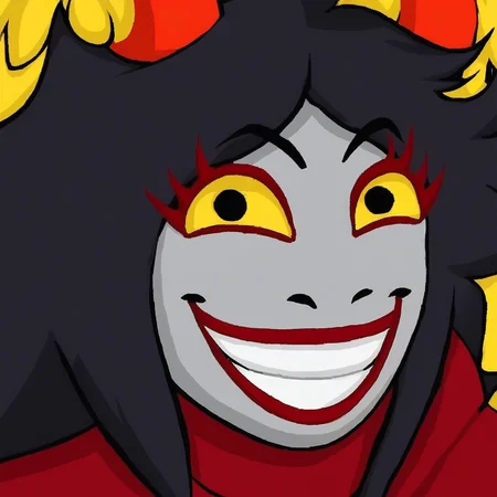 Aradia Megido, grey skin, long black hair, yellow sclera, red irises, close up, headshot, smile, grin, wide smile, unnerving smile, goat eyes