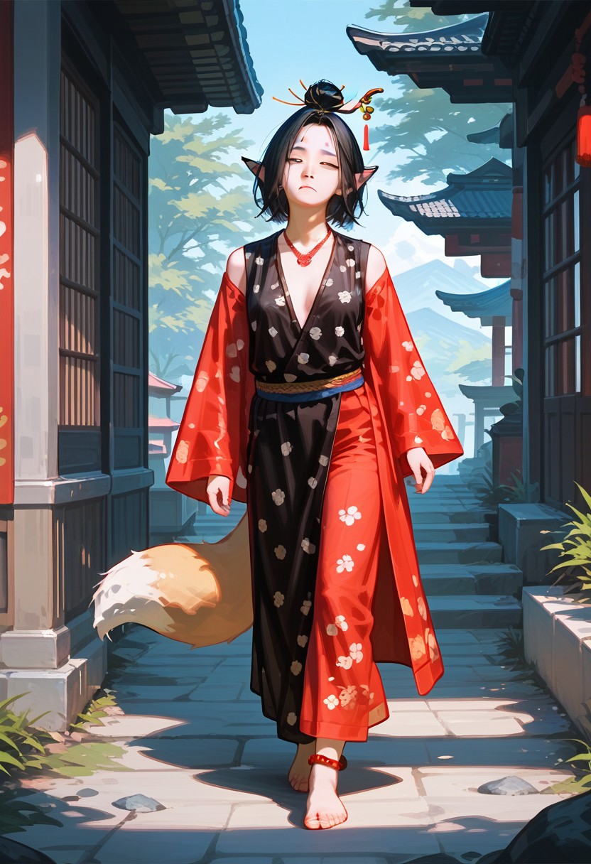 score_9,score_8_up,score_7_up,source_anime, pingping,1girl,solo,long sleeves,closed mouth,jewelry,standing,tail,half body,closed eyes,male focus,japanese clothes,barefoot,necklace,hair bun,single hair bun,walking,stairs,realistic,anklet,hair stick,topknot,fox tail