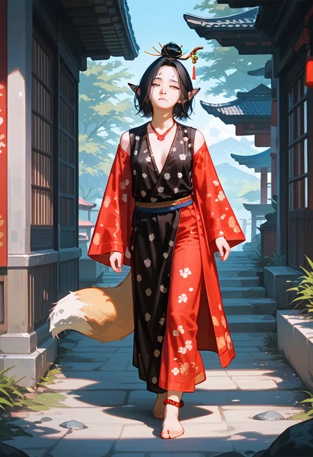 score_9,score_8_up,score_7_up,source_anime, pingping,1girl,solo,long sleeves,closed mouth,jewelry,standing,tail,half body,closed eyes,male focus,japanese clothes,barefoot,necklace,hair bun,single hair bun,walking,stairs,realistic,anklet,hair stick,topknot,fox tail