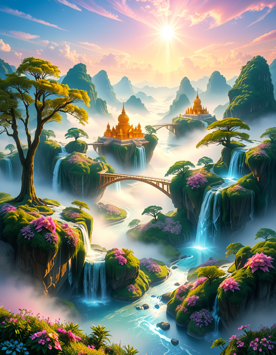 A mesmerizing celestial background featuring an otherworldly paradise. Towering crystalline mountains with peaks that glow softly under a sky painted in shifting hues of iridescent blues, pinks, and golds. Rivers of liquid light flow through vast, open meadows filled with luminescent flowers that pulse with a gentle glow. Gigantic, translucent trees with silver leaves sway in a breeze that carries floating particles of golden dust. Suspended bridges made of shimmering energy connect ancient, floating monoliths engraved with intricate celestial patterns. In the distance, an enormous radiant waterfall cascades into a bottomless, mist-covered abyss, reflecting the surrounding ethereal glow. A tranquil atmosphere, untouched and divine, filled with an overwhelming sense of wonder and serenity.
<lora:SDXLFaeTastic2400:0.4> <lora:extremely_detailed:0.4> extremely detailed, <lora:heavenly_l4ndsc4p3:1>,heavenly l4ndsc4p3, Masterpiece,best quality,hi res,8k,hi res,8k,award winning,(sharp focus, intricate, highly detailed),