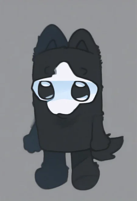 score_9, score_8_up, puro, black latex, furry, changed, white eyes, white mask, black fur, 1boy, solo, conswayo_, cute style, cute, 2d, simple background, full body