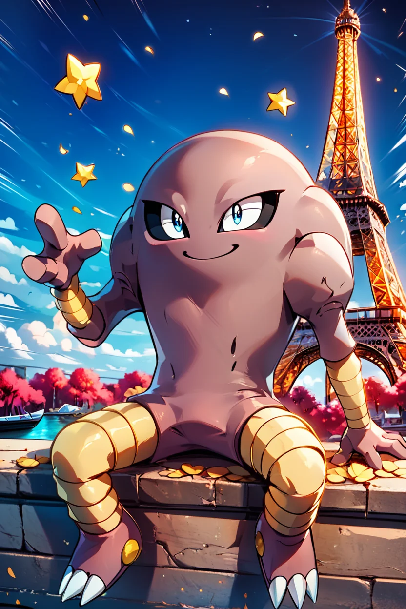 score_9, score_8_up, score_8, BREAK, , ,,, zzHitmonlee, no humans, pokemon (creature), <lora:Hitmonlee_Pokemon_PDXL:1.0>, full body, legs apart, emphasis lines, black sclera, dynamic pose, ,,, , BREAK, zzEiffelTower in background, sitting, watercraft, boat, sitting on wall, side view, looking at viewer, smile, ,,, BREAK, blooming stars, luminescent petals, otherworldly fragrance blurry background, ,,, embedding:zPDXL, Expressiveh, ,,, <lora:EiffelTowerPDXL:0.8>, <lora:CatalystStylePDXL:0.6>, <lora:SDXLFaeTastic2400:0.5>, <lora:Expressive_H-000001:0.4>,
