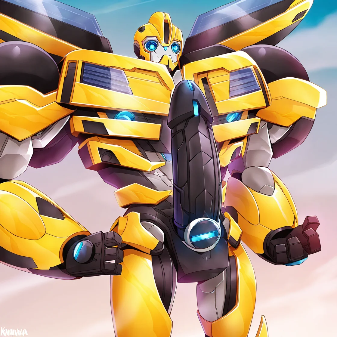 <lora:Bee:1> bee, robot, blue eyes, mecha, solo, 1boy, huge neon cock, shrugging, masterpiece, absurdres
