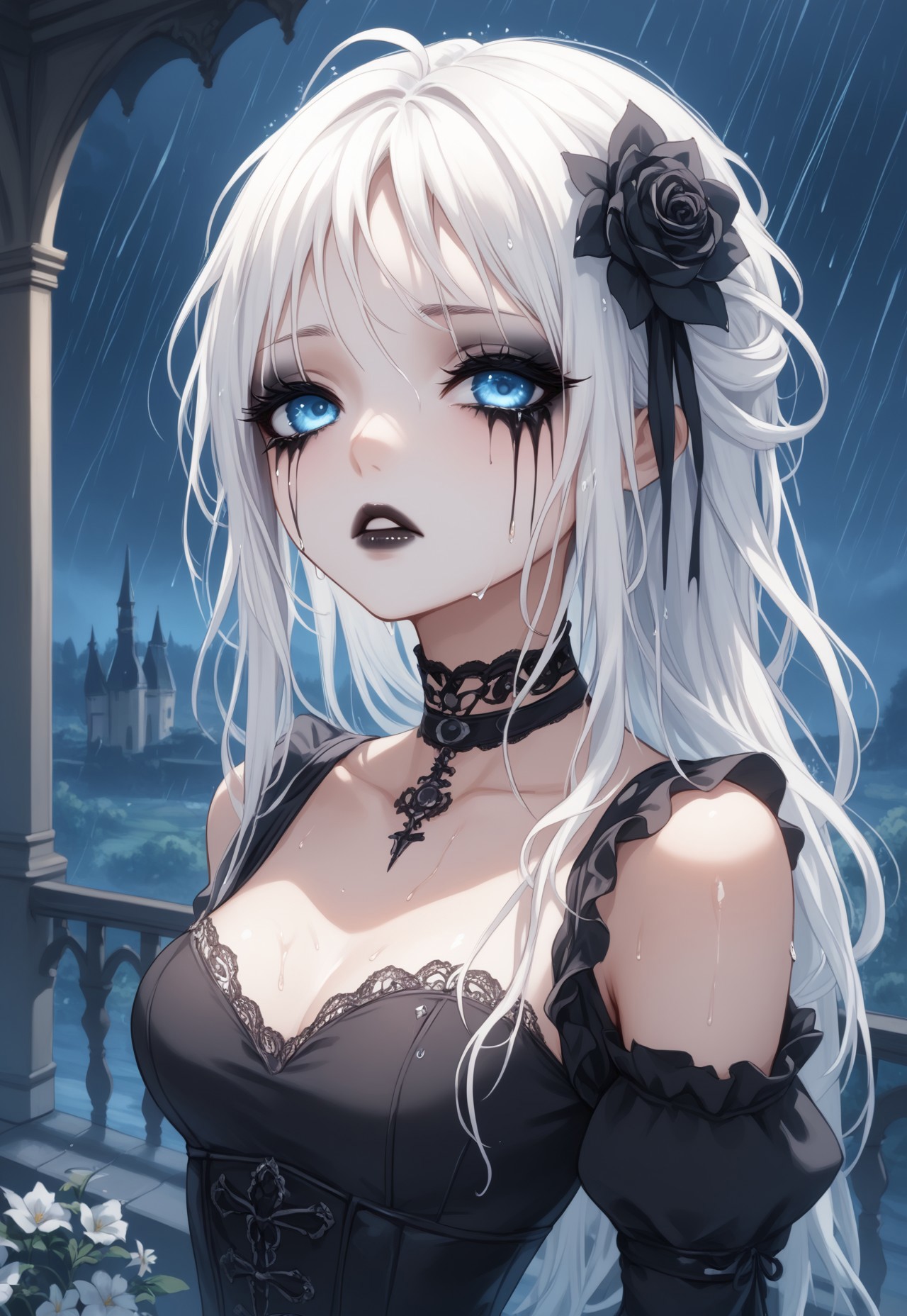 safe_pos, (((score_9, score_8_up, score_7_up))), (((Expressiveh,  highly detailed, masterpiece, perfect, detailed, hd, narrow waist, slim, style-paintmagic)))
,
((( Axiomamb, blue eyes, white hair, long hair, eyelashes, makeup, hair flower, flower, black flower, white skin, gothic, black lips)))
,
((( 1girl, solo, sad, face down, looking up on viewer, wet hair, wet body )))
,
((( Outdoors, castle, dark, night, rain, storm)))
,
((( posing for viewer, bold ))) 
,
((( Best view from above))
,
((( Dress, Black dress, choker, black choker, )))
,
((( black mascara, mascara draining down cheeks, sorrow )))
,
()