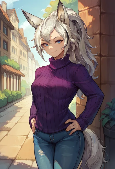 score_9, score_8_up, source_anime, 1girl, solo, GraniArk, animal ears, long hair, high ponytail, streaked hair, tail, outdoors, sweater, ribbed sweater, jeans, hands on hips, smile, <lora:ChamGraniArknightsPonyXL:1>