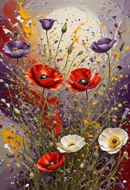 Create a whimsical illustration in a painterly style with thick brushstrokes. The character should be exaggerated and cartoonish, with big expressive eyes and exaggerated features. Use a limited color palette dominated by one bold color (like the red in the reference) contrasting with muted grays and whites for the background. Include simple decorative elements like wildflowers (similar to the poppies and lavender) scattered around the composition.
The painting style should be loose and energetic, with visible brushstrokes and a slightly messy, artistic feel. The background should be minimal and atmospheric, created with broad, textured brushstrokes in light, neutral tones.
Key elements to maintain:
Exaggerated cartoon-style character design
Bold, dominant color for main elements
Loose, painterly brushstrokes
Simple floral elements in the foreground
Soft, atmospheric background
High contrast between character and background
Slightly messy, artistic edges
Muted color palette except for key accent colors
Textured paint effects
White/light gray background with visible brushwork