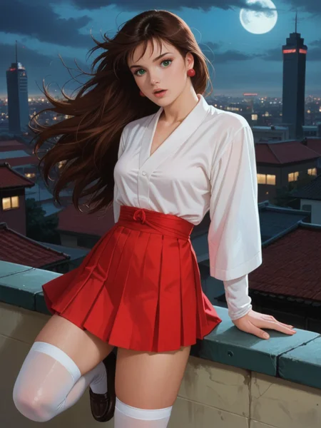 score_9, score_8_up, score_7_up, realistic, background is tokyo at night, ronin warriors, rooftop scene, (large robot samurai), <lora:Mia_Koji:.55>, miakoji, mia, wrapped in chains, skirt, white stockings, loafers, solo, 1girl, retro, furrowed brow, open mouth, brown hair, 1980s (style), earrings, long hair, green eyes, makeup