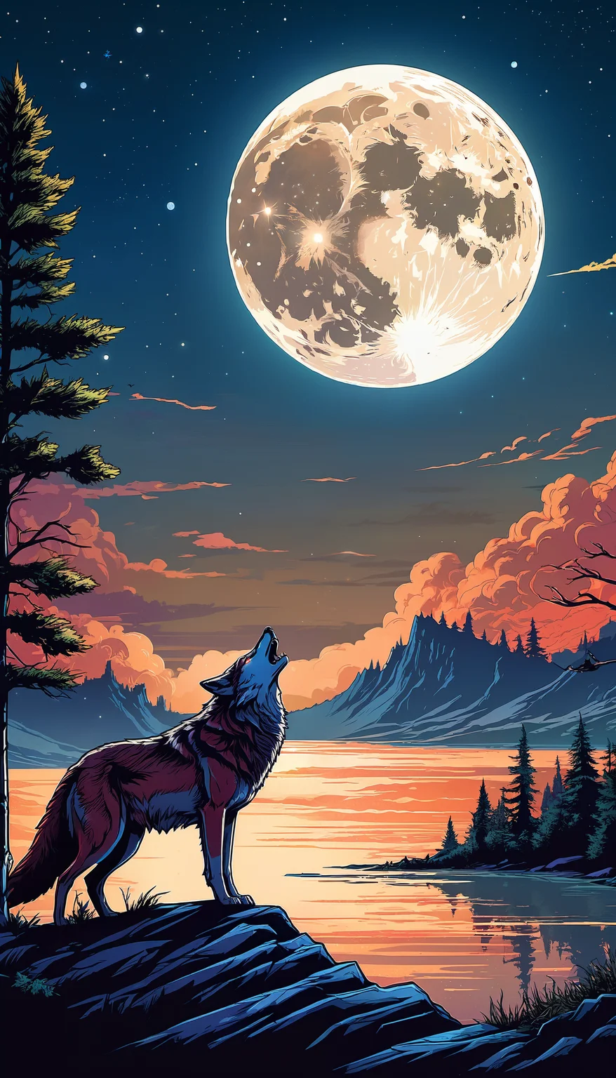 a wolf howling at the moon, white sharp teeth, (sharp, color lineart sketch style:1), (high quality comic style contour and colors:0.5), (natural habitat environment:1.3),
absurderes, Pure and harsh image, cinematic shot,
(style of Dan Mumford:1.3),, natural habitat background