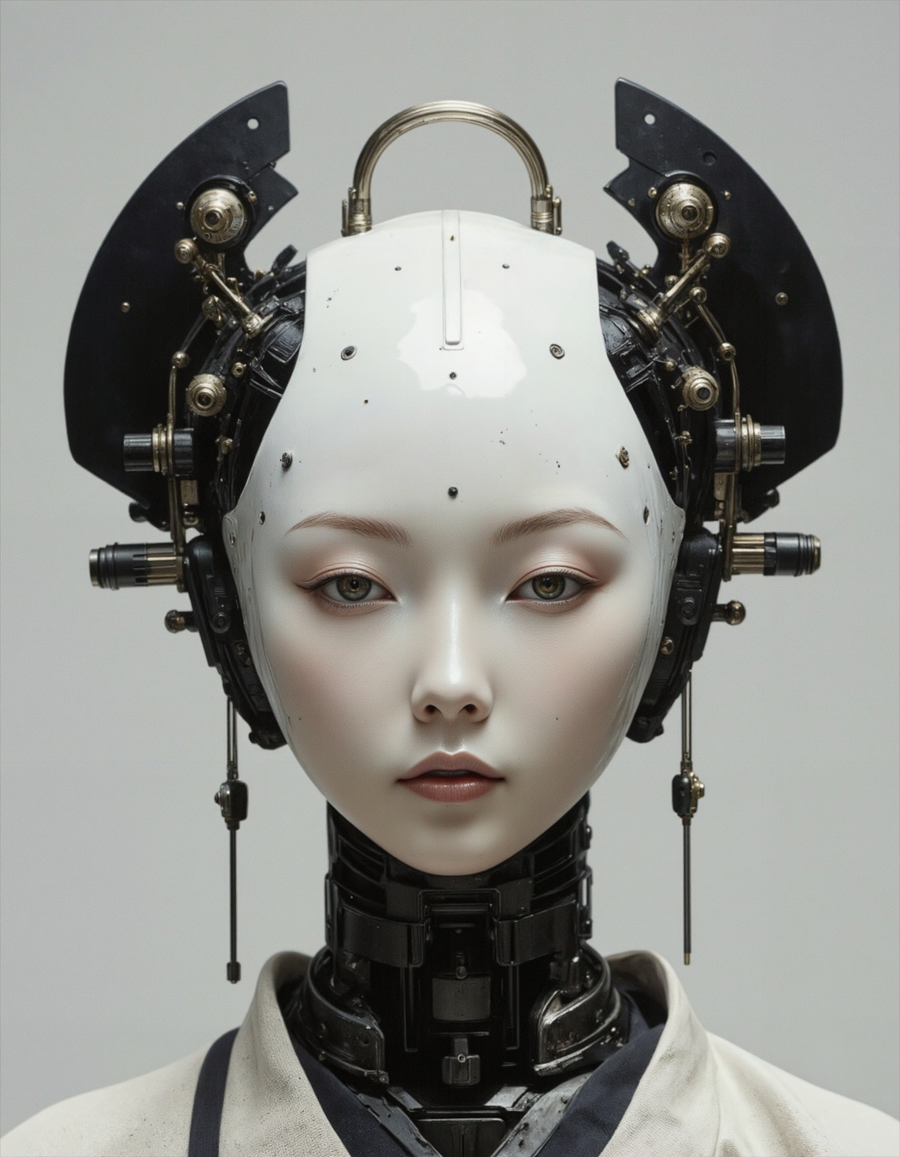 (geisha::0.9) (android robot face::2.2),white ceramic material,many mechanical details,seams, scuffing, rust,(camera lenses instead of pupils:1.5) (traditional intricate japan clothes:1.5) (style by Yuri Shwedoff),shallow depth of field, vignette, (Fujicolor Superia X-TRA 400)
<lora:artisketchyfs-v02:0.85>
<lora:flux.1_lora_flyway_Epic-detail_v2:0.7>   <lora:Dark_Gray_Photography:0.7>