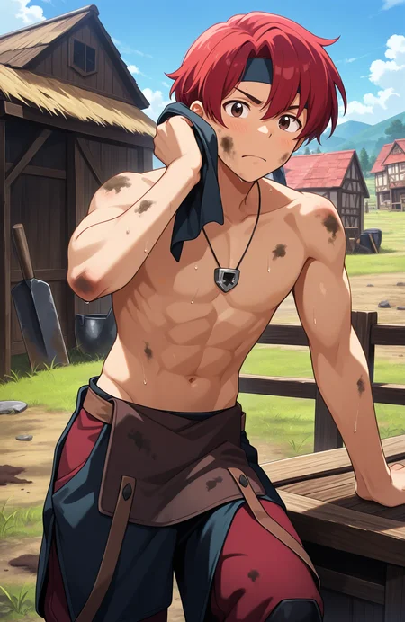 looking at viewer, light blush, (annoyed, head back:0.65), 
leaning on table, arm support, wiping sweat, 
headband, necklace, pants, sweat, 
topless male, toned, biceps, abs, (areolae, no nipples:0.7), (narrow waist:0.6), (skinny:0.25), 
(dirty:2), dirty face, dirty clothes, 
outdoors, blacksmith, village, 
<lora:March_-_Fields_of_Mistria_IXL_-_V4:1> fom_march, red hair, 1boy, male focus, solo,, masterpiece, best quality