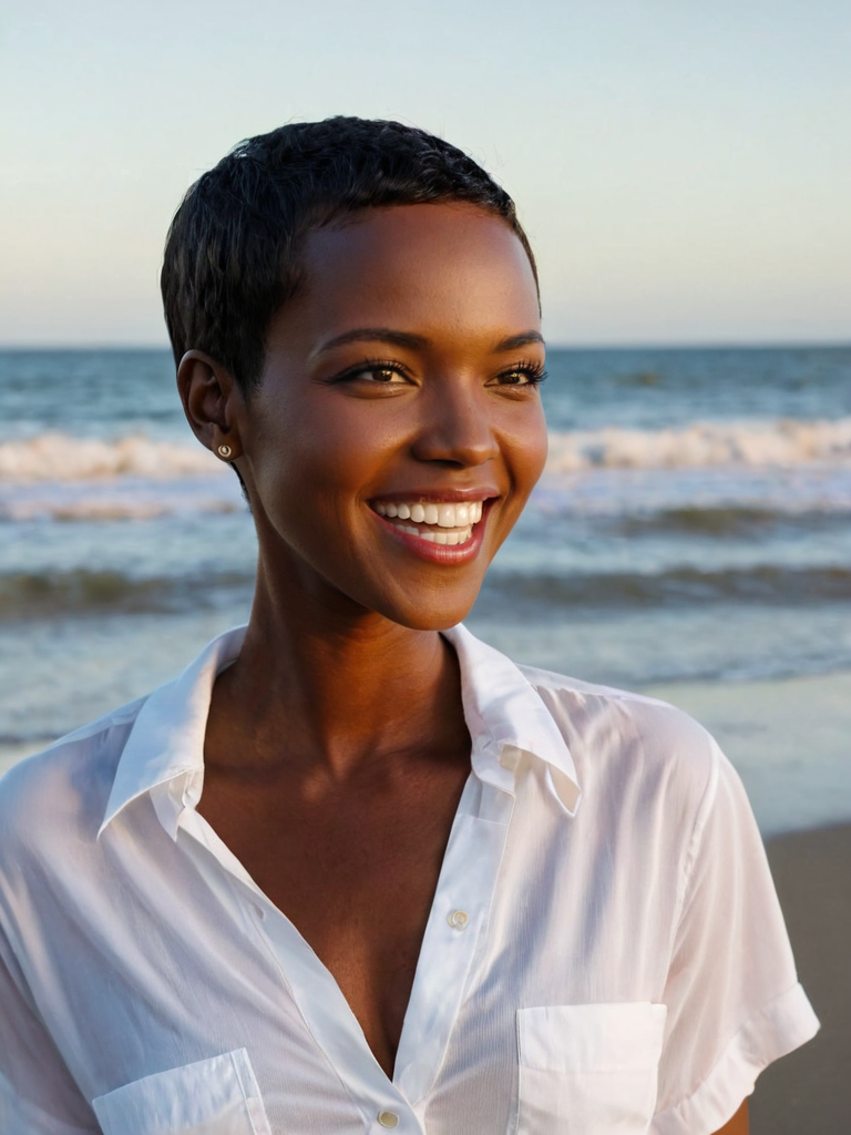 woman, afro-american, smiling, (looking away:1.7), dark skin, surprised<lora:A_SHort_Cut_v3_SDXL:1.1>(very short hair:1.5), (buzz cut:1.2), dark hair, hazelnut eyes, on the beach, white shirt, sunny day